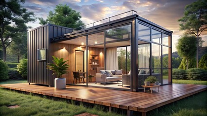 Fototapeta premium Cozy modern minimalist living space with large glass windows, sleek wooden floors, and industrial-style shipping
