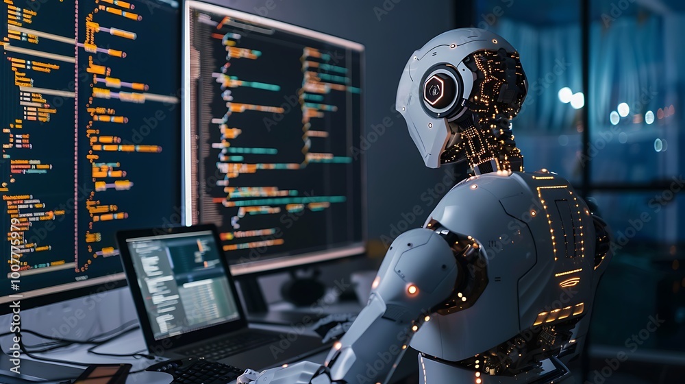 Poster humanoid robot is working on code in front of two computer monitors