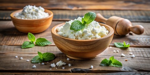 Creamy white ricotta cheese poured into a rustic wooden bowl, surrounded by fresh mint leaves and a sprinkle