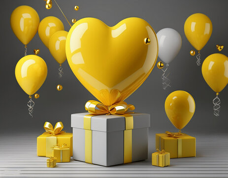 low poly3d gift box 3ds max yellow balloon with gold heart and gifts 3d render-generated by ai