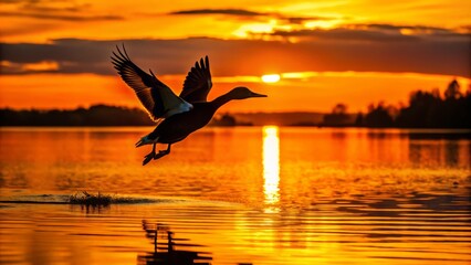 Dark silhouette of a duck in flight against a vibrant orange sunset, with ripples on the lake's calm