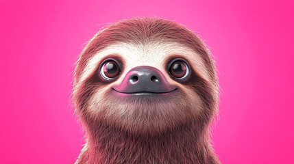 Cute sloth with big eyes smiles against a pink background.