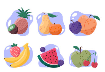 Set of fruits. Pineapple, kiwi, banana, pear and peach. Natural and organic fresh food with vitamins. Tropical summer food. Flat vector collection