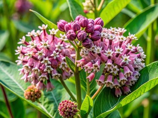 Fototapeta premium Delicate, pinkish-purple flowers bloom amidst clusters of green, velvety leaves on a tall, erect stem of common