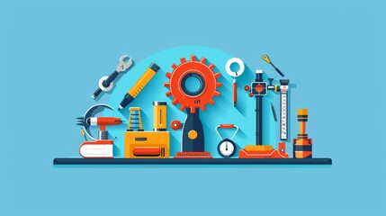 Naklejka premium Flat Design Engineering Tools and Equipment Layout