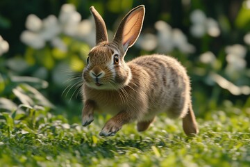 Fototapeta premium A brown rabbit with long ears runs through a field of green grass and white flowers.
