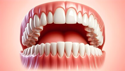 Obraz premium Realistic vector showing an upper row of perfectly clean, white teeth and gums, arranged in a curved formation