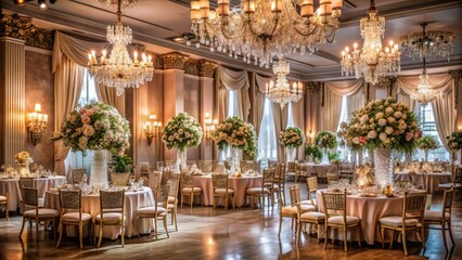 Elegant ballroom setup with crystal chandeliers, lavish flower arrangements, and intricately draped fabric, exuding