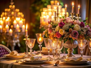 Elegant candlelit dinner setting with fine china, crystal glasses, and a exquisite floral centerpiece, exuding