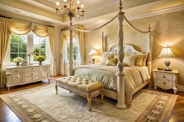 Fototapeta premium Elegant cream-colored bedroom features a stately four-poster bed, ornate dresser, and plush area rug, accented with