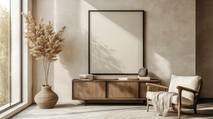 Close up of Interior frame mockup in beige color, copy space background. Ai generated image