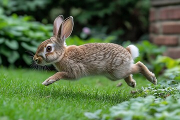 Fototapeta premium A brown rabbit runs across a green grassy lawn, leaping over a small bush.