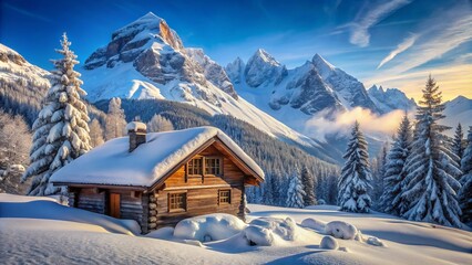 A cozy alpine cabin embraced by breathtaking snow-capped mountains rises under a bright blue sky, inviting visitors to