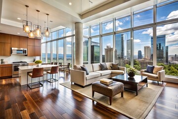Elegant open-plan living area with hardwood floors, high ceiling, and floor-to-ceiling windows, featuring sleek