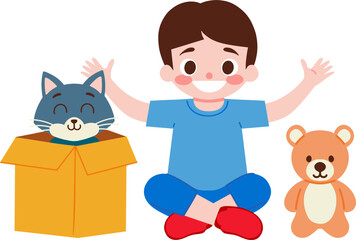 Happy Boy Playing with Cat  Teddy Bear  and Cardboard Box