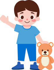 Happy Boy Waving With Teddy Bear Cartoon Illustration