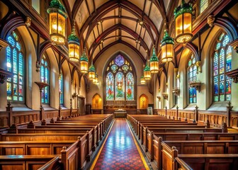 Obraz premium Elegant stained glass windows illuminate a majestic church interior, where a polished wooden stage awaits, adorned with