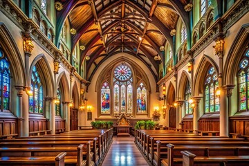 Obraz premium Elegant stained glass windows illuminate the vaulted ceiling and ornate altar of a serene, historic church interior