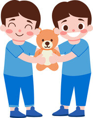Happy Boys Sharing Stuffed Teddy Bear Toy Cartoon Illustration