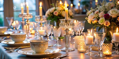 Elegant tablescape with fine china, crystal glasses, and candlelight illuminating a lavish multi-course dinner setting,