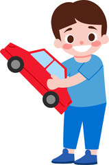 Happy Boy Holding Red Toy Car  Kid Playing  Cartoon Illustration