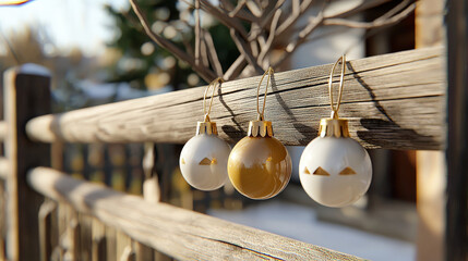 Decorative Christmas ornaments hang on wooden fence, creating festive atmosphere. golden and white colors of ornaments add cheerful touch to winter scene