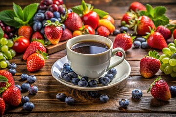 Freshly brewed coffee poured into a cup surrounded by a colorful arrangement of sliced strawberries, blueberries, and