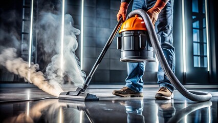 Industrial Vacuum Cleaning in Action. A professional cleaner operates an industrial vacuum, removing dust and debris from a shiny floor, emphasizing cleanliness, efficiency, and the power of modern cl