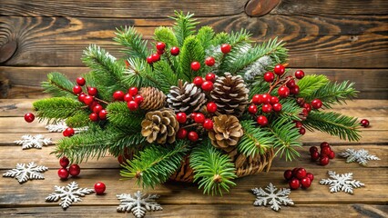 Freshly cut winter evergreen branches adorned with snowflakes, pinecones, and crimson berries create a festive holiday