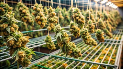 Obraz premium Freshly harvested cannabis buds spread out to dry on a wire rack, surrounded by leaves and stems, under