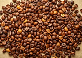 Fototapeta premium Freshly harvested, high-quality coffee beans in various shades of brown, arranged in a scattered pattern, isolated on a