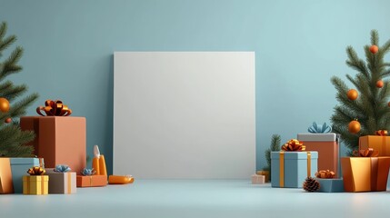 Holiday setting with blank canvas, gifts, and Christmas decorations on a festive backdrop.