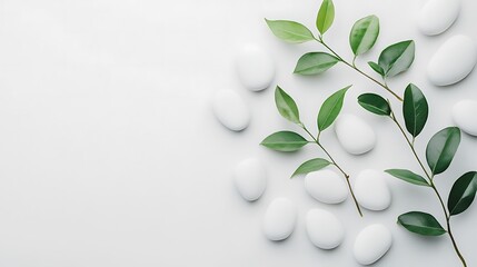 Minimalistic arrangement of white pebbles and a green branch on a light background. Ideal for spa, wellness, relaxation, nature, and organic lifestyle content.