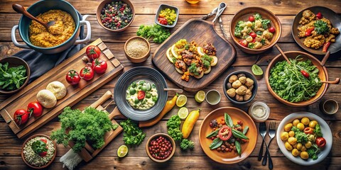 Fototapeta premium Freshly prepared meals and diverse ingredients are shared around a modern wooden table, symbolizing unity, teamwork,