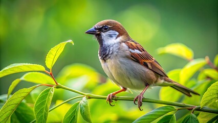 A lovely sparrow sits upon a branch, nestled amidst lush green foliage, illuminated by the warm embrace of
