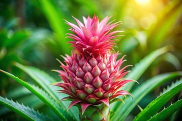A magnificent close-up reveals a striking pink pineapple flower embraced by lush green leaves, celebrating the stunning