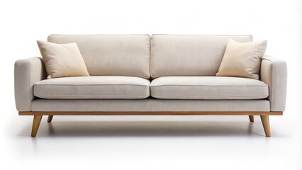 Freshly vacuumed and spotless modern couch with plush cushions and sleek wooden legs, set against a crisp white