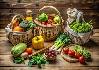 Fresh organic produce, reusable baskets, and eco-friendly shopping bags on a rustic wooden table, showcasing a mindful