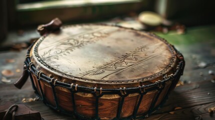 Fototapeta premium Traditional Bodhrán Drum on Rustic Wooden Surface