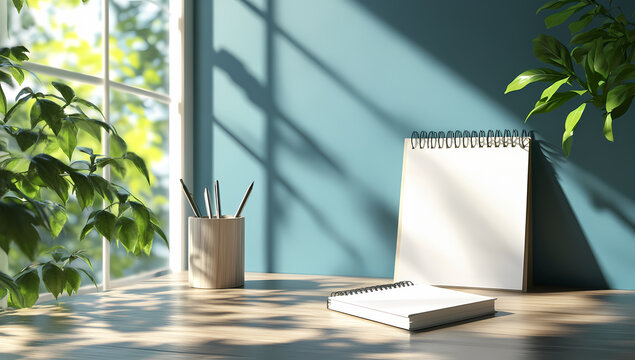 Minimalist desk setup with calendar and greenery by window