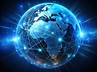 Global connections illuminated on a futuristic blue globe, with glowing fibers and circuits, symbolizing the