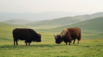 Two Yaks Grazing in a Field Against a Mountainous Background