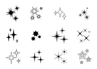 Sparkling stars collection. Silhouette of glitter objects. Abstract shapes, minimalist creativity and art. Hand drawn sketch. Glitter and sparkle. Linear vector set