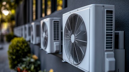 Row of air conditioning units mounted on a wall.
