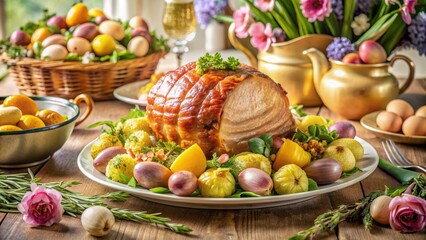Golden-glazed ham centerpiece surrounded by steaming vegetables, roasted potatoes, and fresh flowers on a beautifully