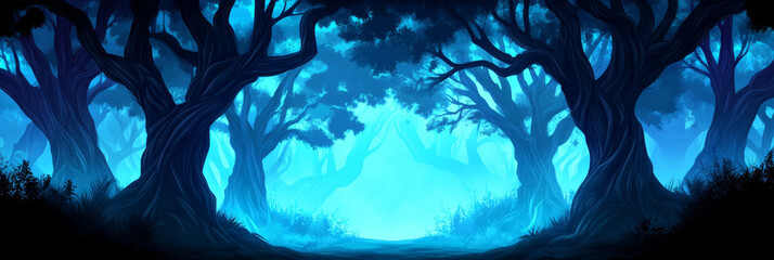 Dark forest illuminated by blue light