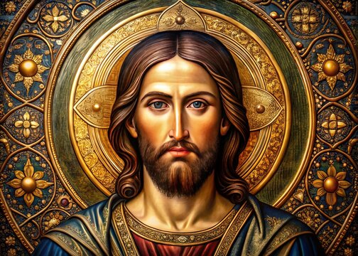 Golden-haloed, serene Orthodox icon of Christ Pantocrator, ornate with intricate details, rich colors, and Byzantine