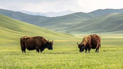 Two Yak Grazing in a Green Mountain Valley