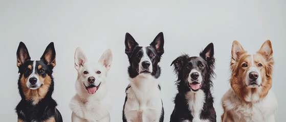 Five different dogs standing together, happy expression, white isolate background.