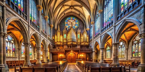 Grand pipe organ dominates the apse of a majestic stone cathedral, illuminated by stained glass windows, with pews